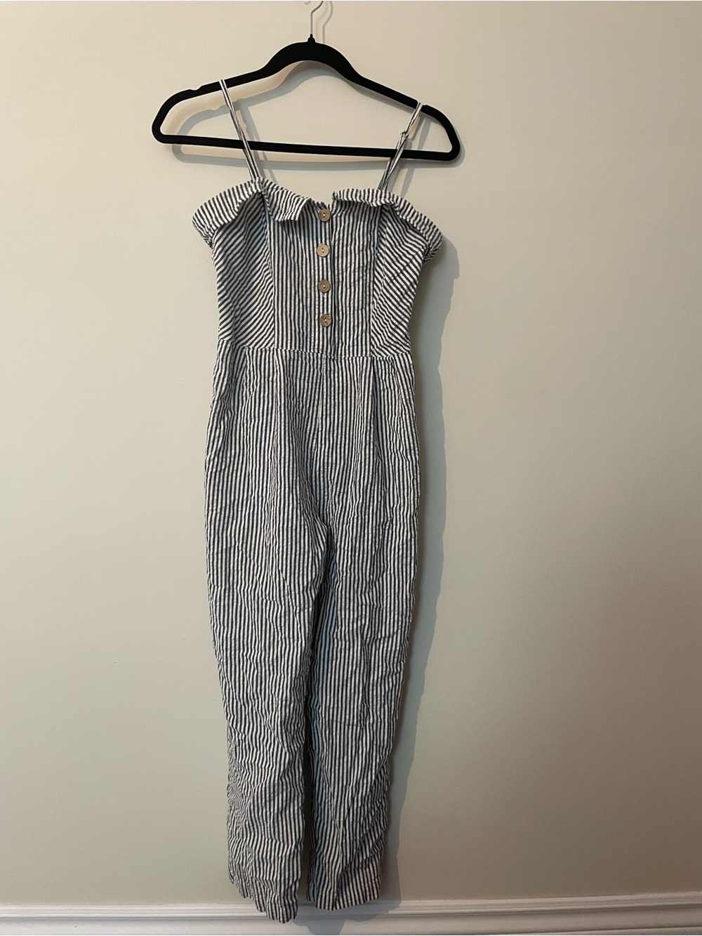Striped Button-Front Jumpsuit in Blue and White